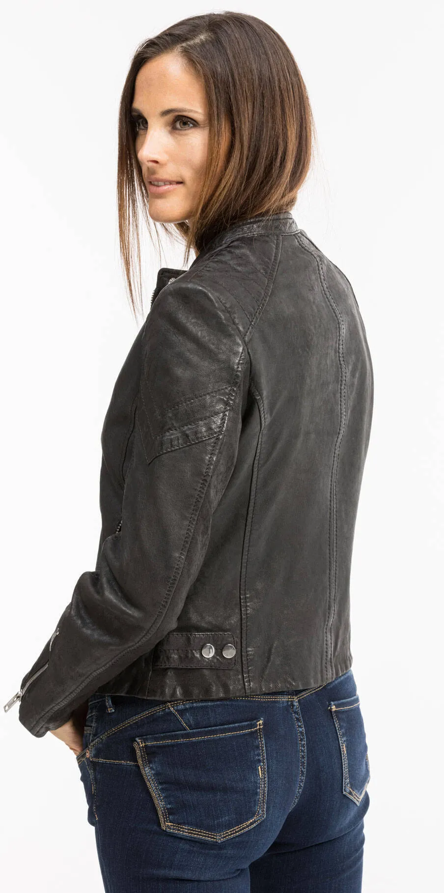 Black leather moto jacket for women