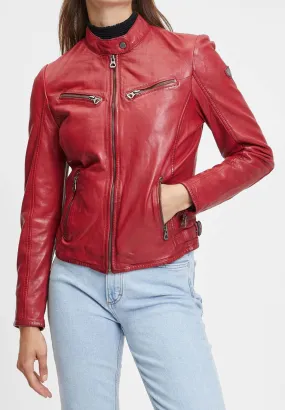Red leather moto jacket for women