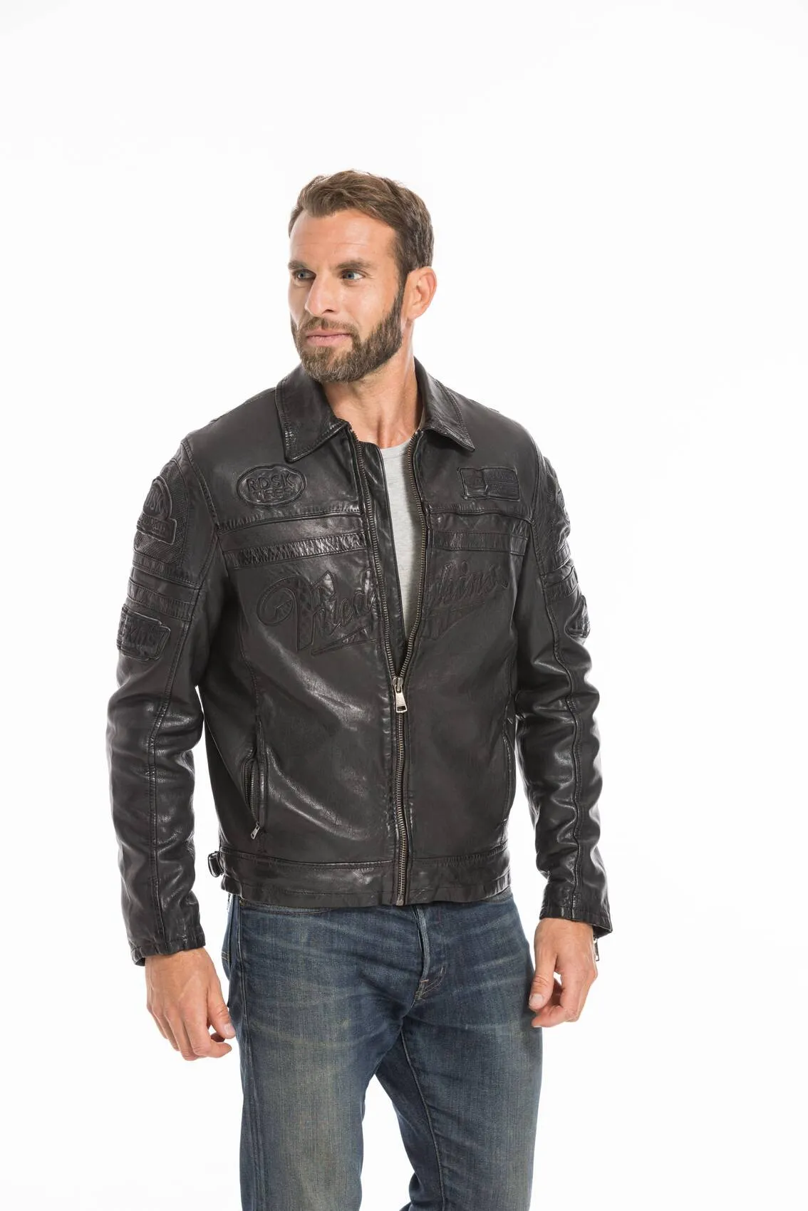 Black leather Redskins moto jacket for men