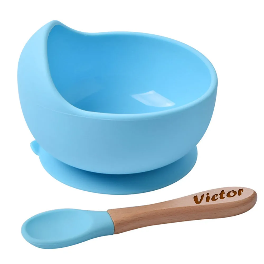 Bol à ventouse en silicone avec cuillère en bois gravée prénom bébé, ustensiles pour enfants, cadeau personnalisé - C