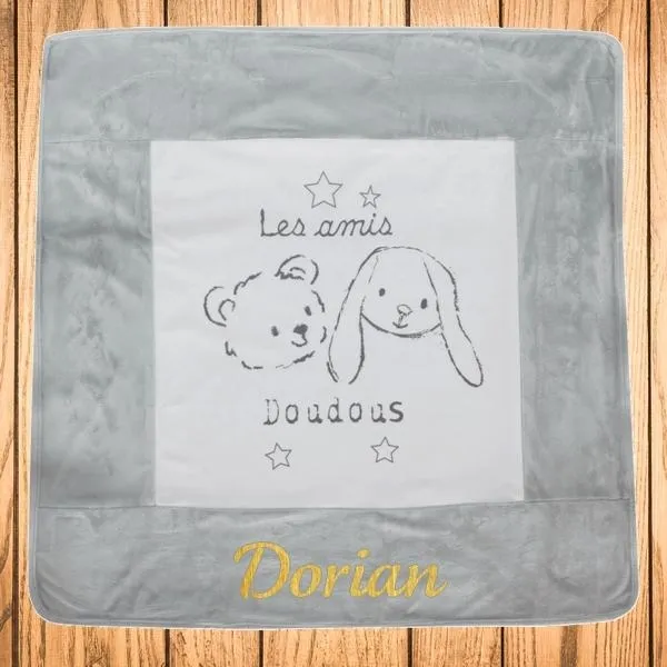 Couverture bébé personnalisée avec prénom - Ours et Lapin