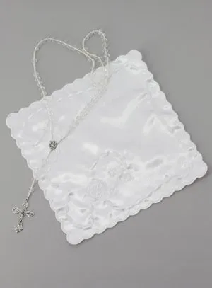 First Communion gift: handkerchief + rosary
