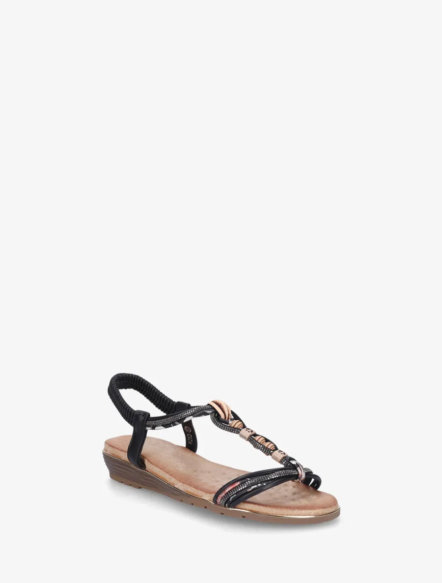 Nu-pieds à bride en T strass et perles - Noir