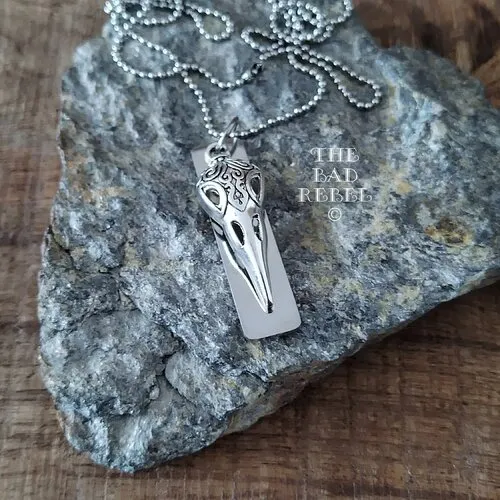 Original collier !! bird skull !! pendentif crane d'oiseau avec gravure viking en laiton acier inoxydable long 48cm the bad