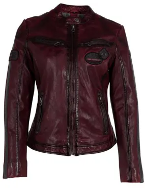 Red leather moto racer jacket for women