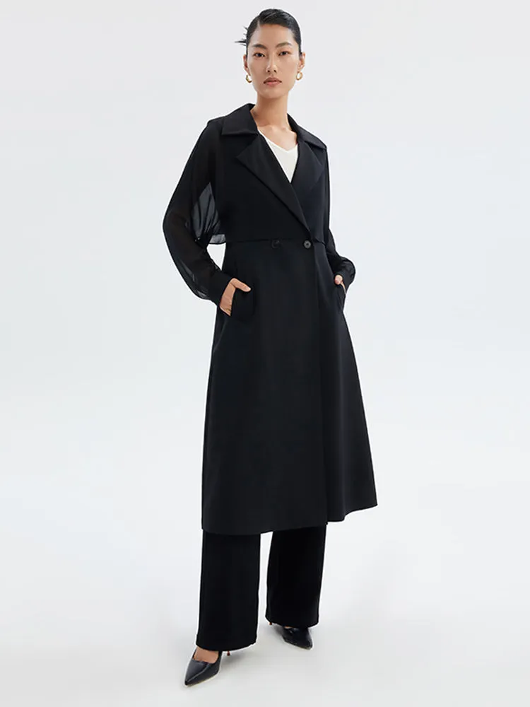 Trench-Coat en laine peignée pour femme, patchwork de soie